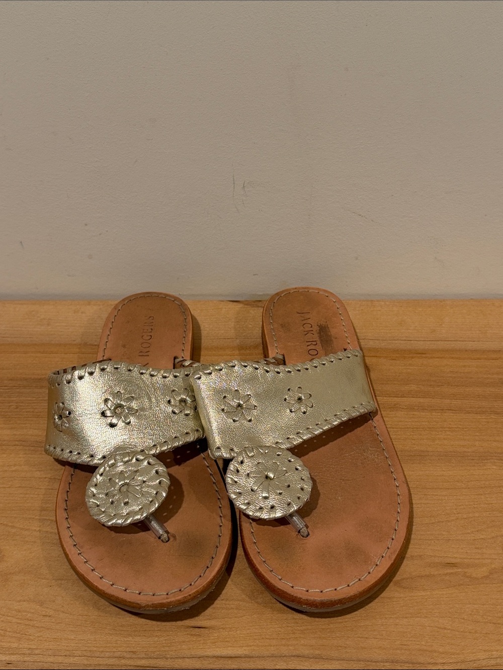 Jack Rogers Metallic Gold Thong Sandals with Medallion Accent